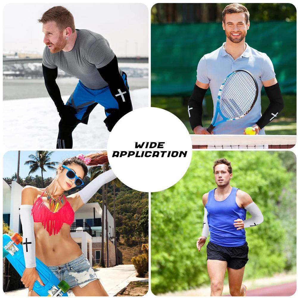 Collage showing men and a woman wearing cross compression arm sleeves for sports and daily wear.