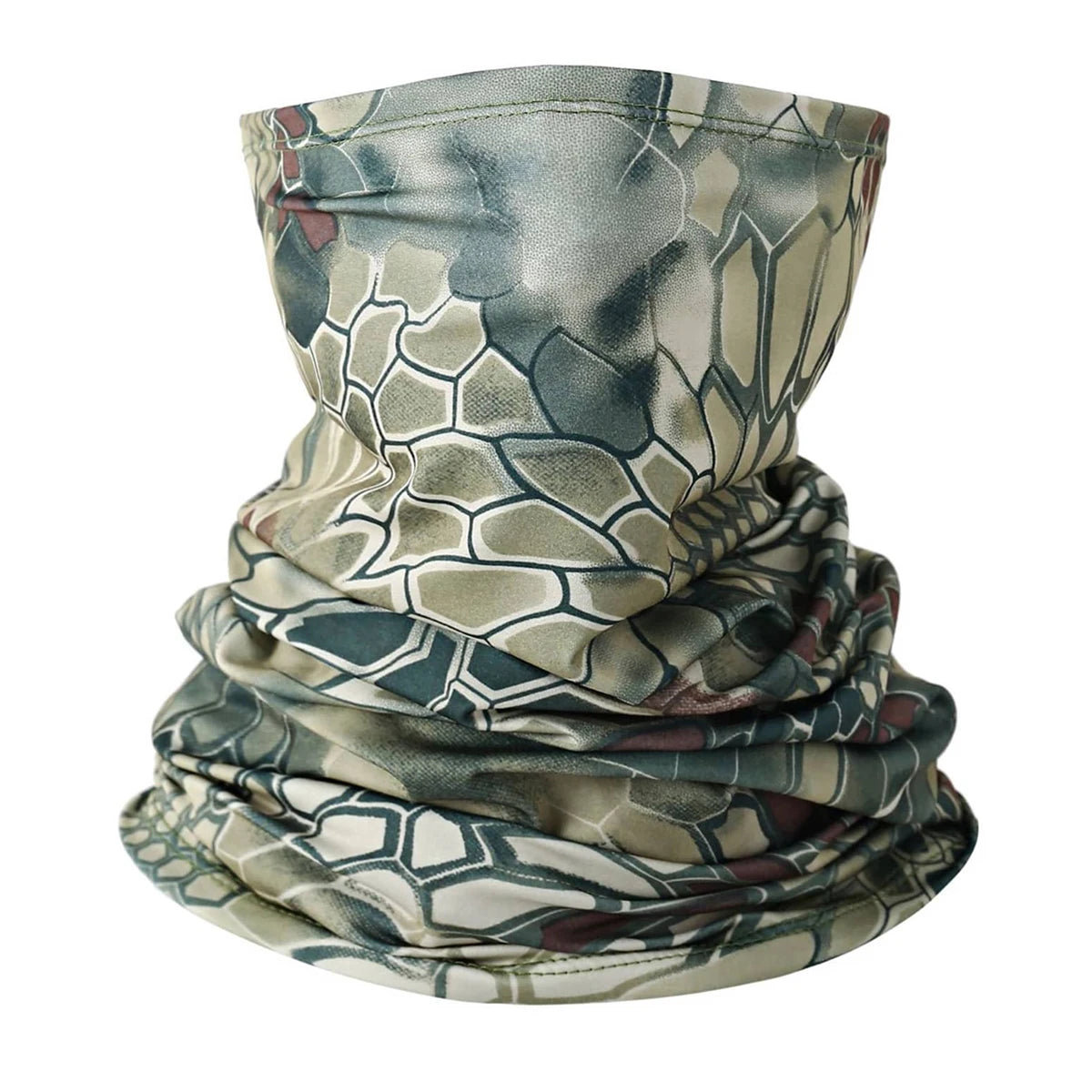 A tightly wrapped multi-functional UV protection head wrap made of patterned fabric.