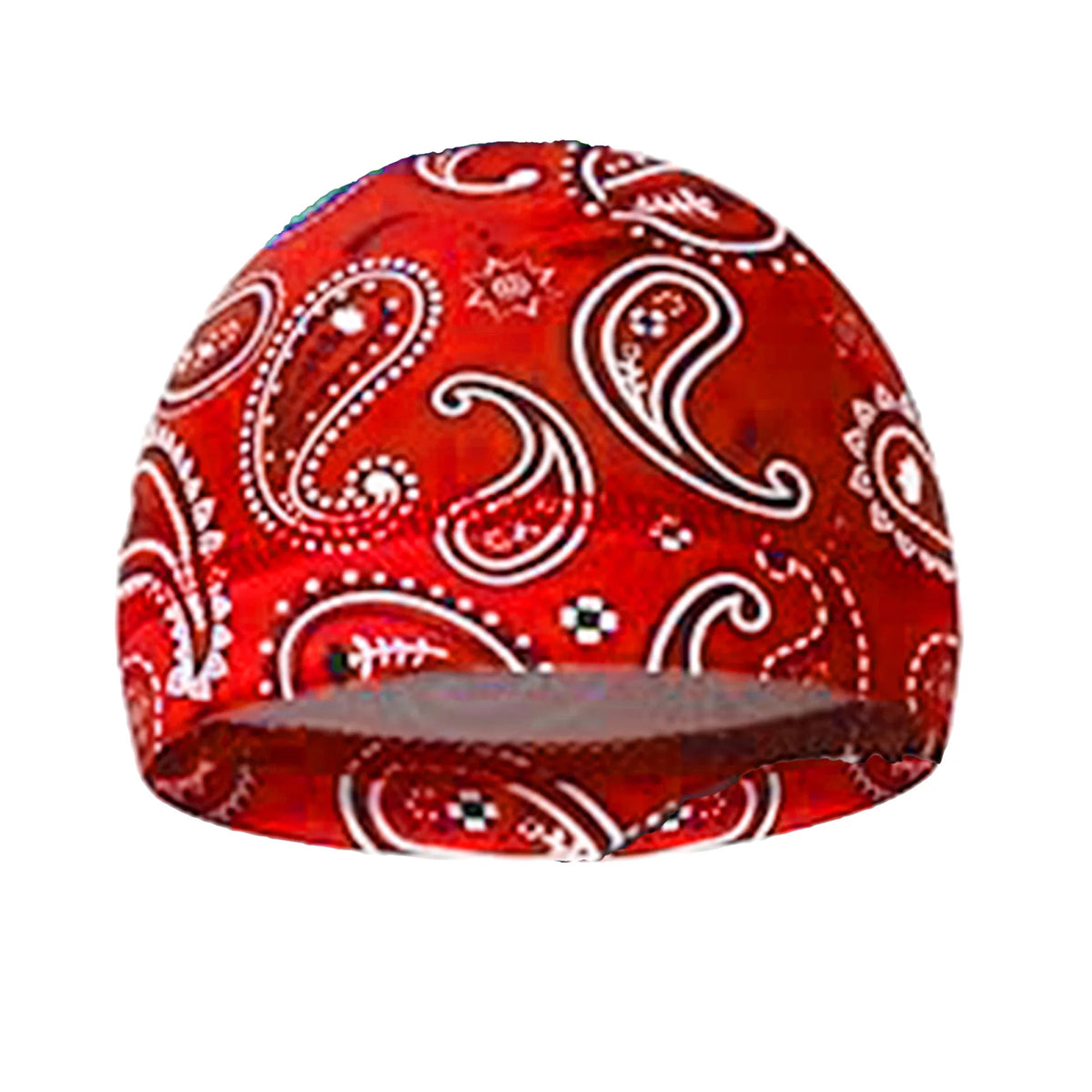 A red printed headscarf cap featuring white paisley and floral patterns.