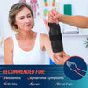 A woman is shown wearing a black wrist support brace, recommended for tendonitis, arthritis, syndrome symptoms, sprain, and w