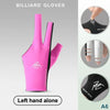 Pink billiard gloves shown on a hand, with separate black and white versions displayed nearby.