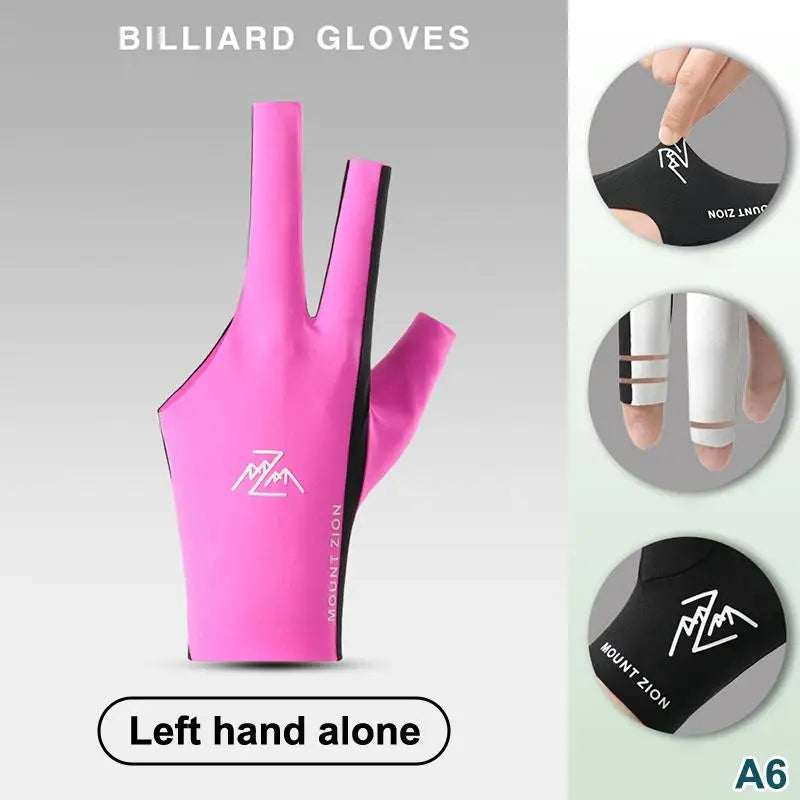 Pink billiard gloves shown on a hand, with separate black and white versions displayed nearby.