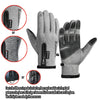 Gray waterproof windproof winter gloves shown with close-ups of the material and zipper fasteners