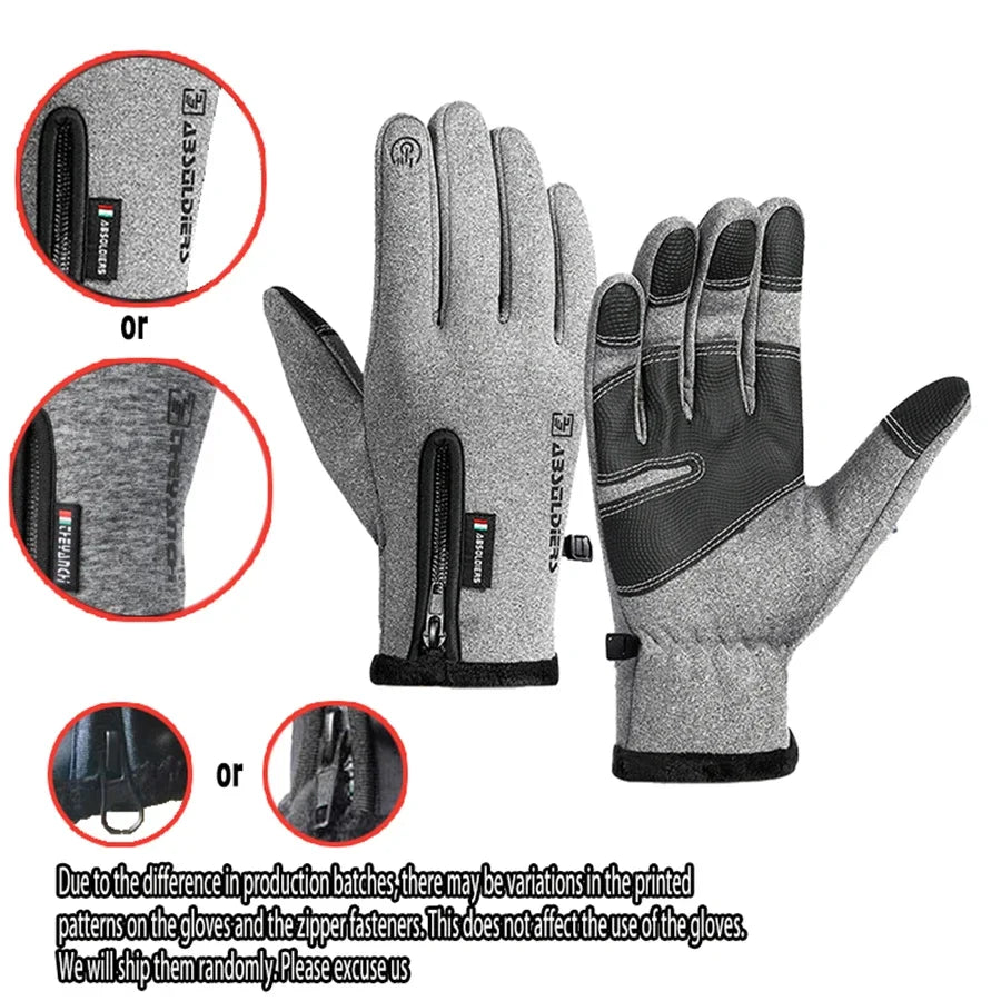 Gray waterproof windproof winter gloves shown with close-ups of the material and zipper fasteners