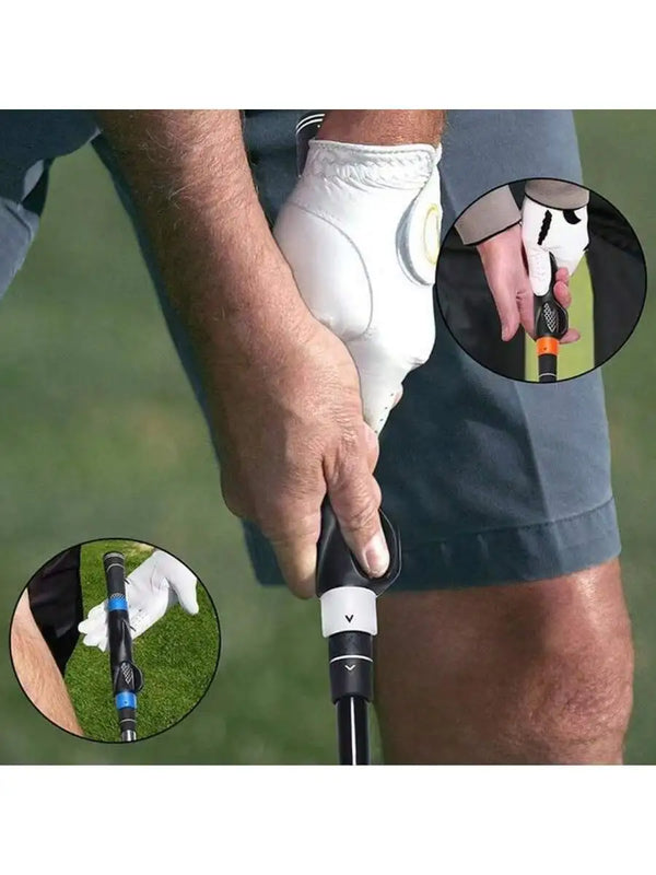 A hand grips a white golf club grip trainer device for posture correction, shown in close-up views.