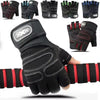 A set of black half finger wrist guards for sports and fitness shown in various sizes and angles.