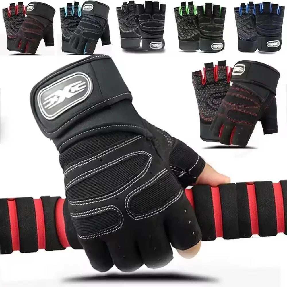 A set of black half finger wrist guards for sports and fitness shown in various sizes and angles.