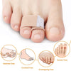 Orthopedic toe wraps shown on a foot, illustrating hammer toes, crooked toes, and overlapping toes.