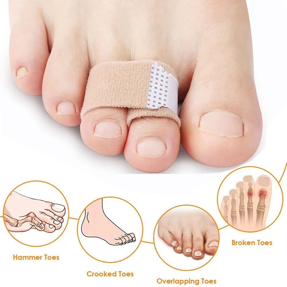 Orthopedic toe wraps shown on a foot, illustrating hammer toes, crooked toes, and overlapping toes.