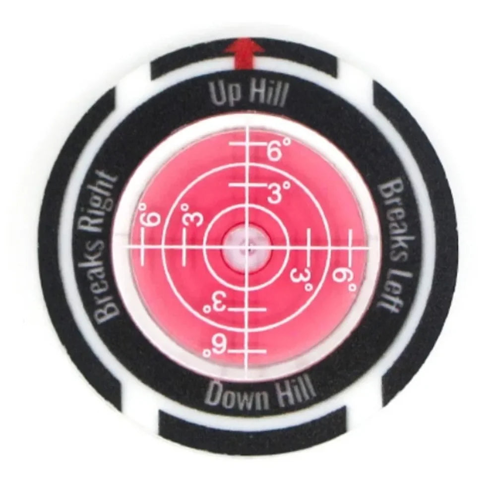 A precision golf ball marker and slope meter with a circular scale showing up hill and down hill directions.
