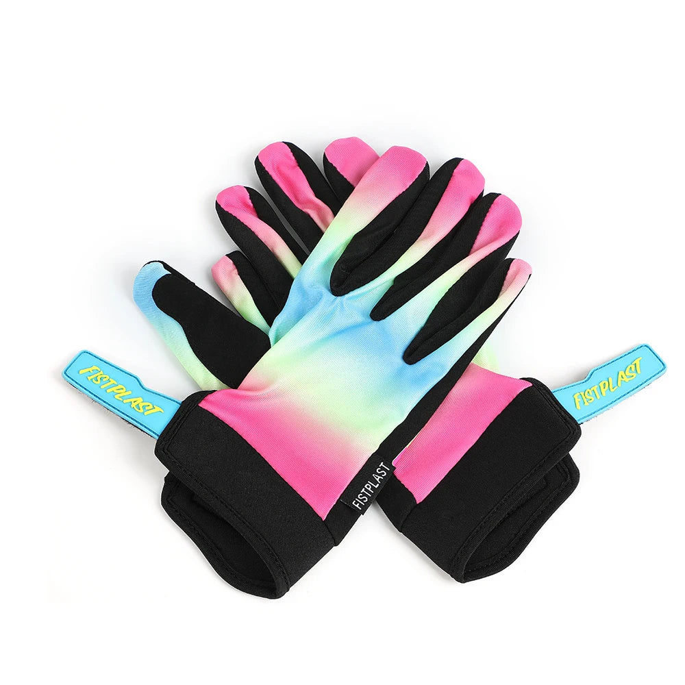 A pair of bright pink and black durable motorcycle and MTB gloves are displayed against a white background.