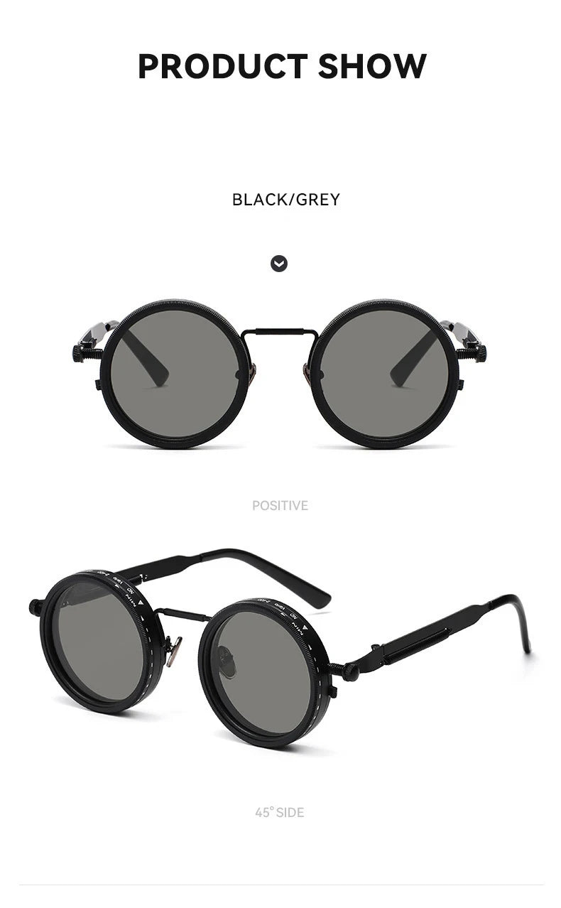 Black and grey polarized round sunglasses shown in a product show display.
