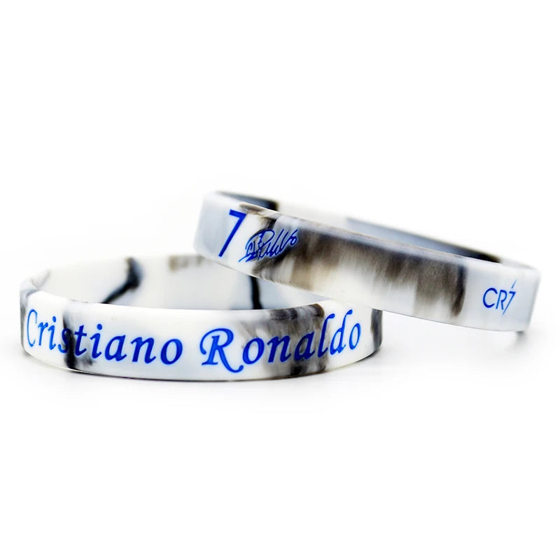 Weißes Silikon-Armband/Sportarmband mit blauem Text und schwarzem Marmor-Design