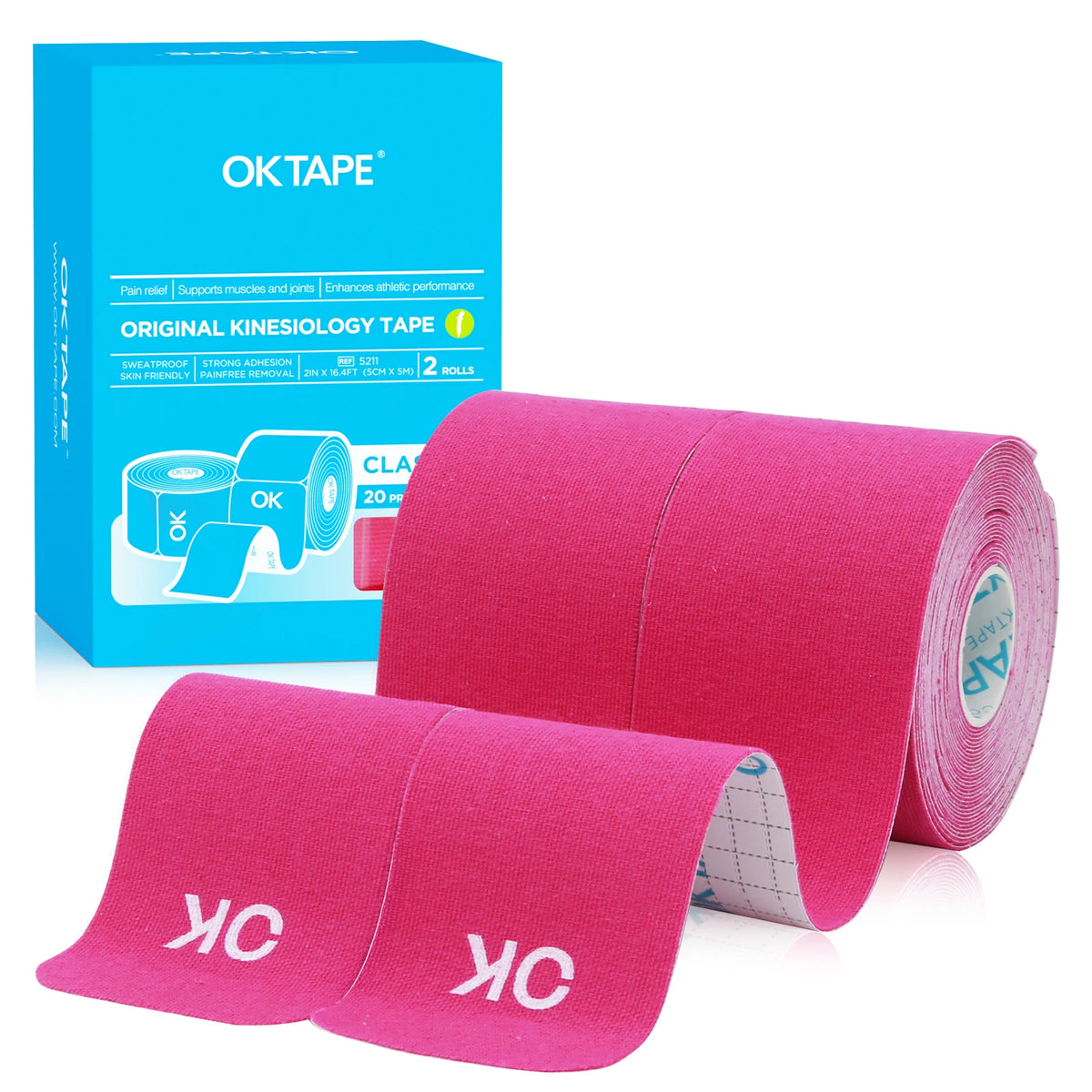 Pink OKtape kinesiology tape roll and box for athletic and recovery use