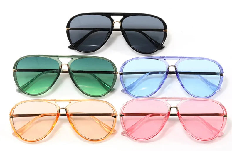 A collection of five pairs of classic double-bridge aviator sunglasses in various colors including black, green, blue, orange