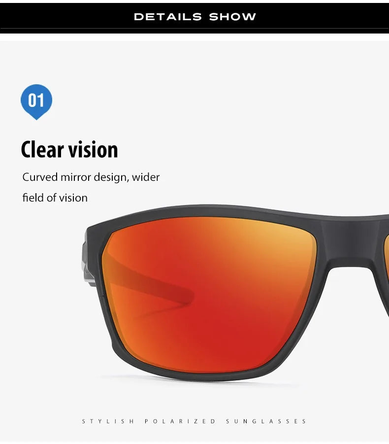 A close-up view of orange-tinted polarized sunglasses with a black frame.