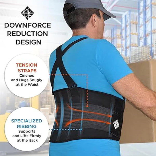 Un homme portant une chemise bleue démontre un support lombaire robuste avec sangles de tension et nervures.
