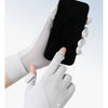A hand wearing a white ice silk glove is holding a black smartphone.