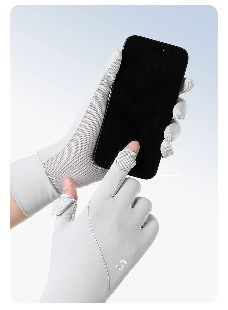 A hand wearing a white ice silk glove is holding a black smartphone.