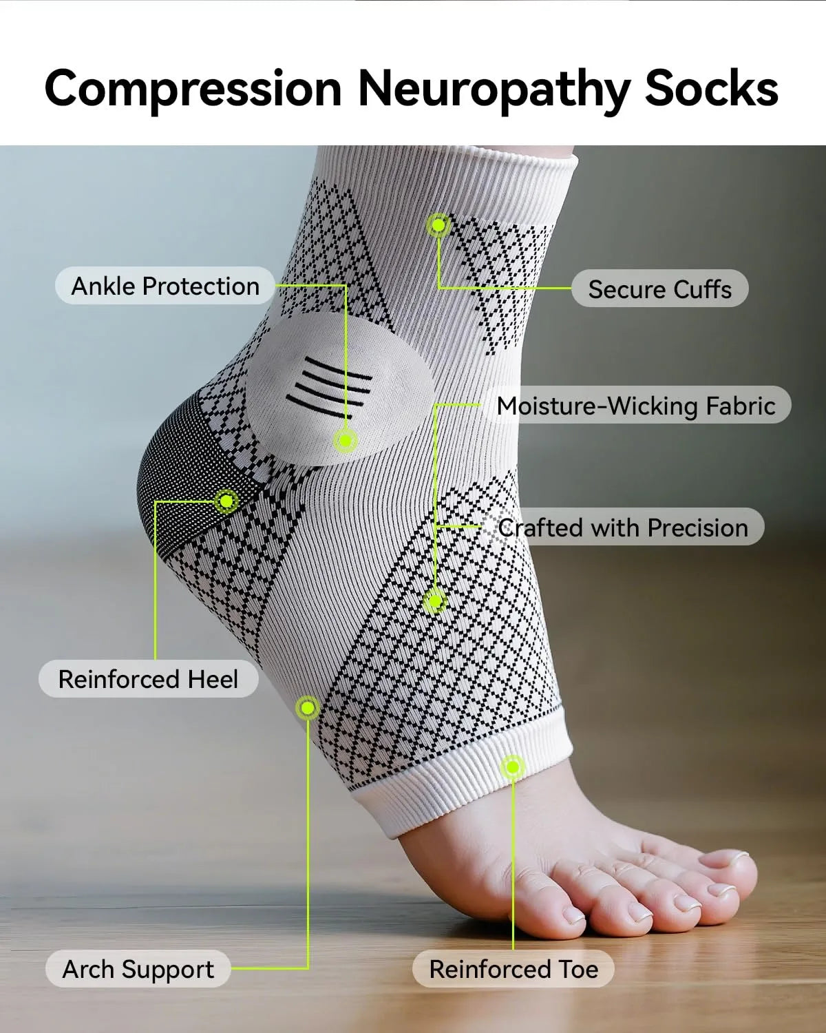 Compression neuropathy socks featuring ankle protection, secure cuffs, moisture-wicking fabric, and reinforced heel and toe.