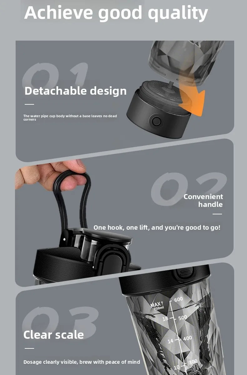 A close-up of a black portable electric shaker bottle showing its detachable design, convenient handle, and clear dosage scal