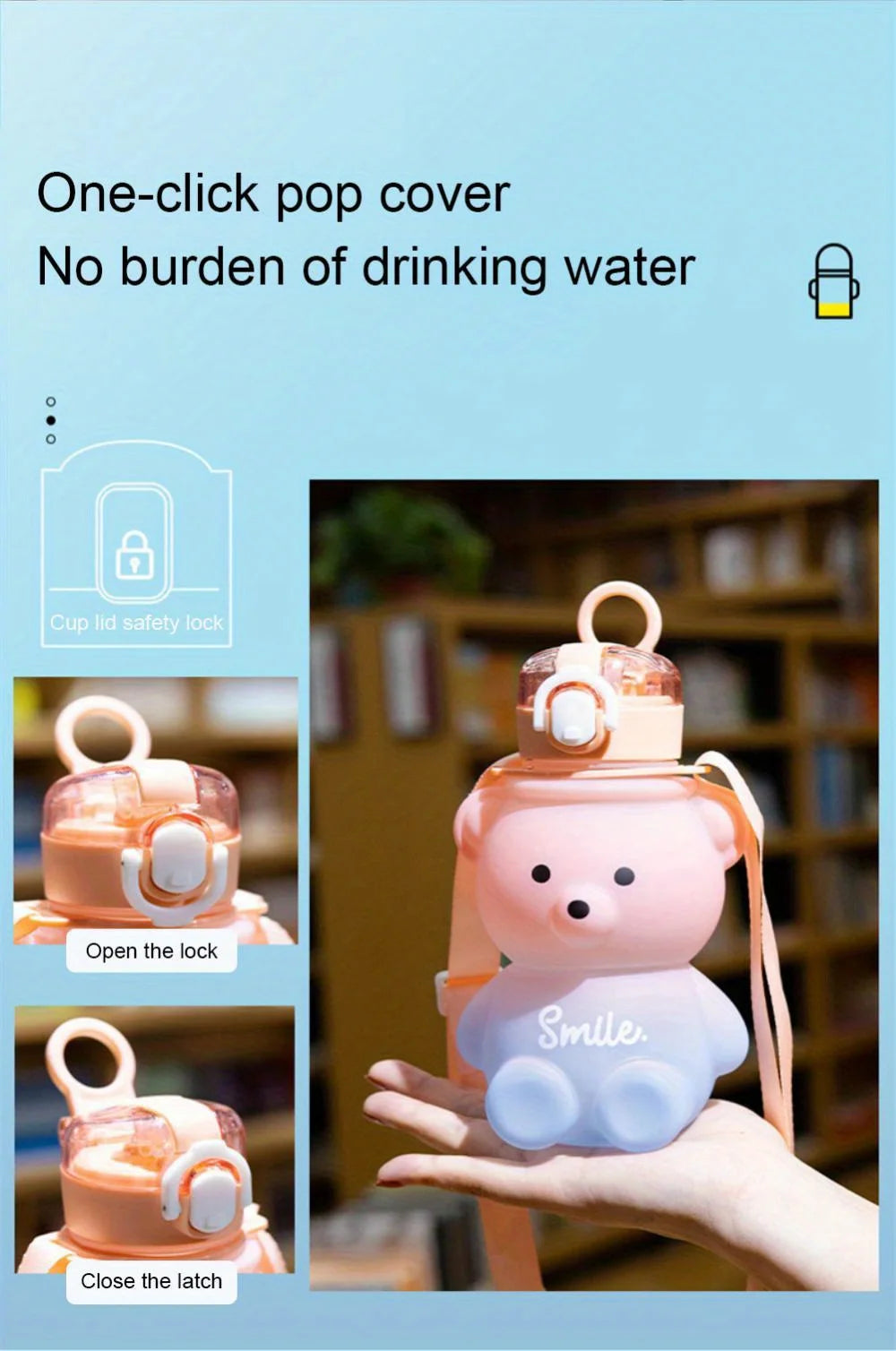 A pink bear-shaped water bottle with a lid and strap is shown being held by a hand.