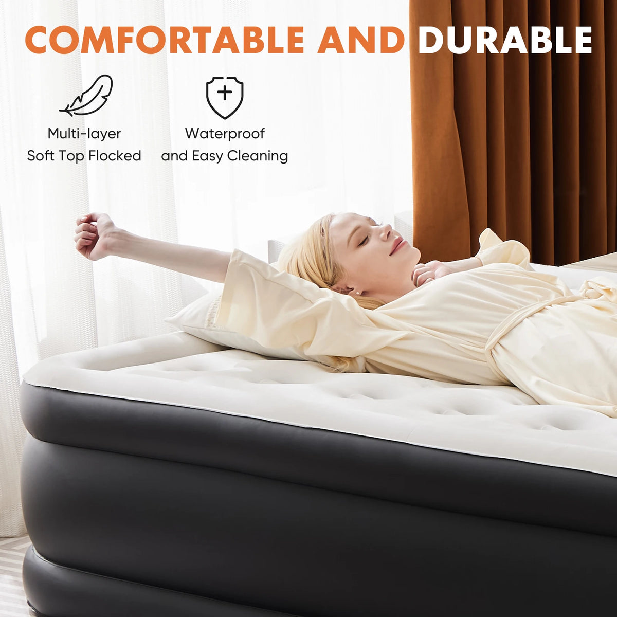 A person is lying on a gray air mattress with a beige cover, demonstrating its comfortable and durable features.