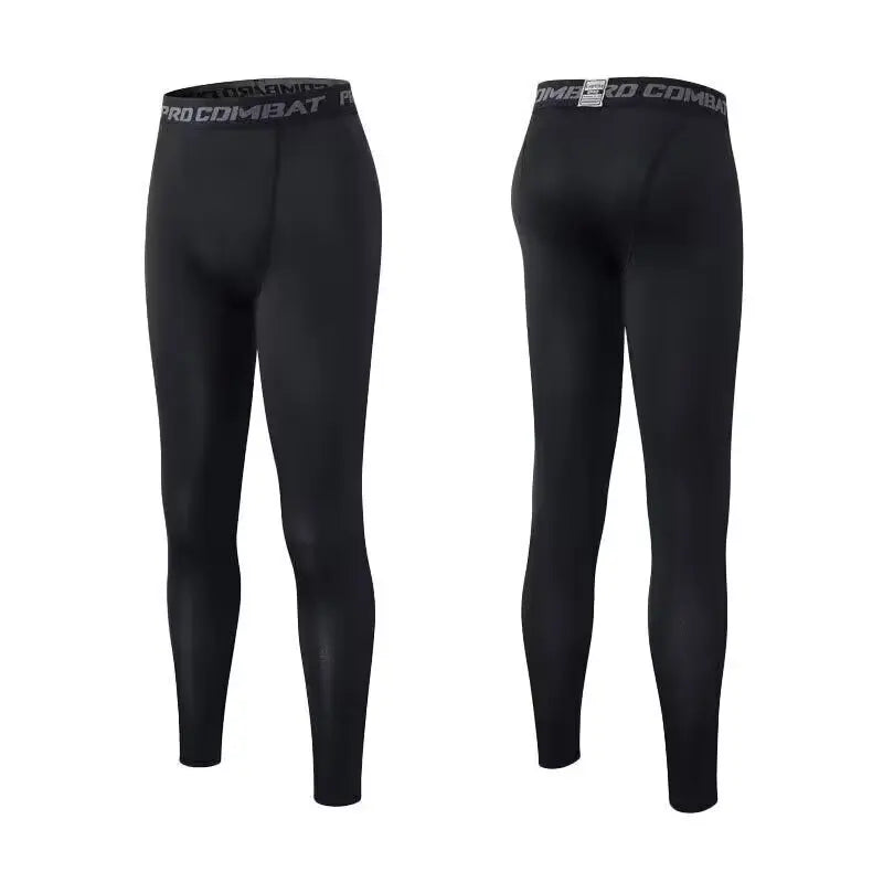 Black men's compression leggings shown from the front, highlighting athletic training wear.