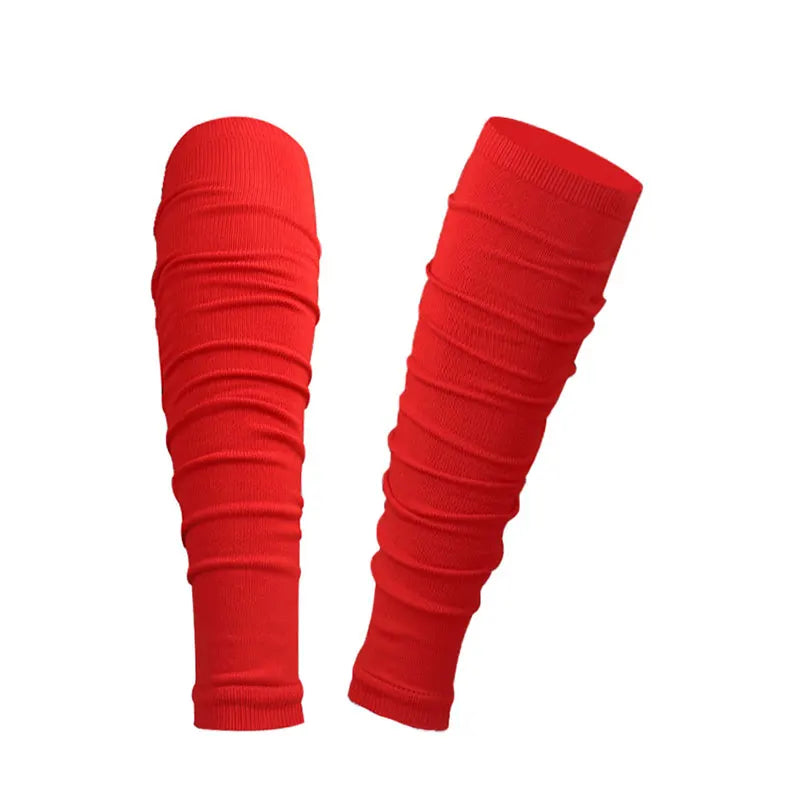 A pair of red performance rugby leg covers for football training, shown vertically.