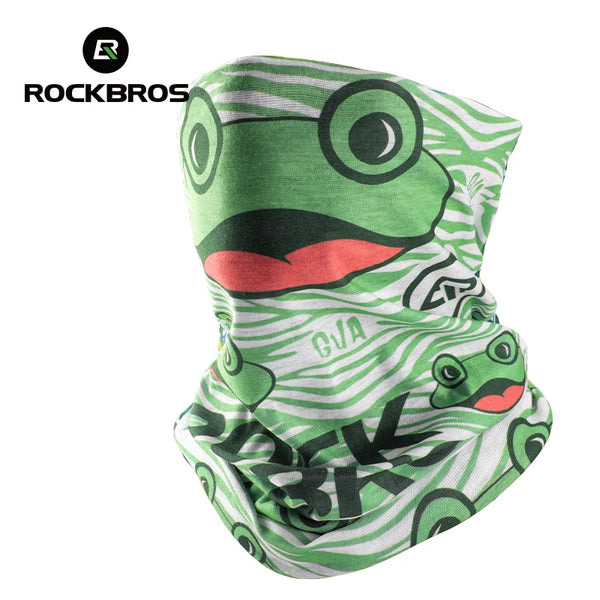 A green frog face mask with white stripes and black accents, designed for cycling or sports.