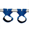 Blue gym lifting straps with wrist supports mounted on a silver bar.