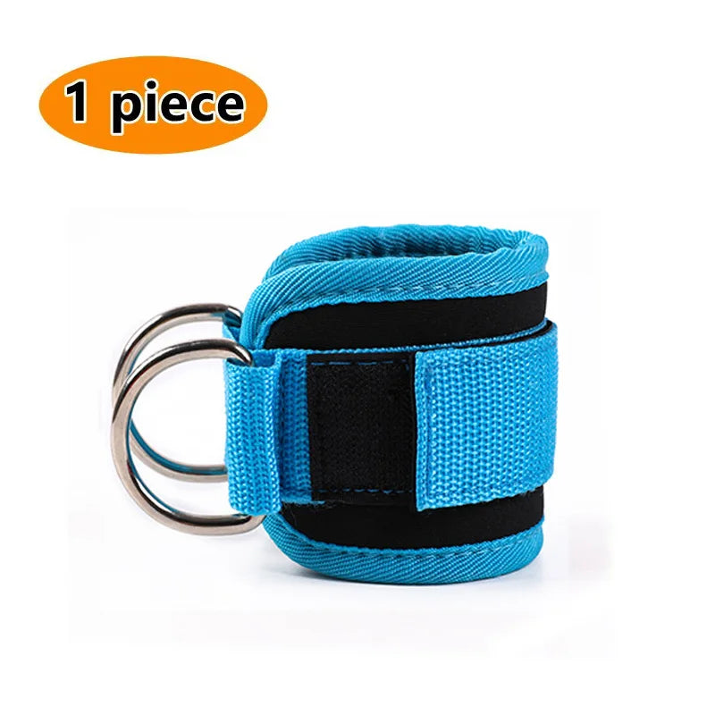 One piece of blue and black adjustable neoprene ankle straps for leg training.