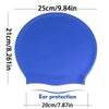 A bright blue silicone swimming cap with a wide brim designed for ear protection.