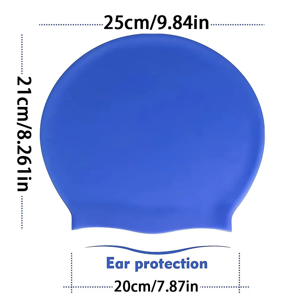 A bright blue silicone swimming cap with a wide brim designed for ear protection.