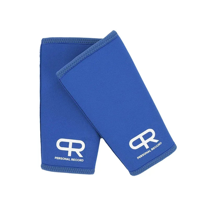 Blue neoprene knee pads with a personal record logo on the sleeve