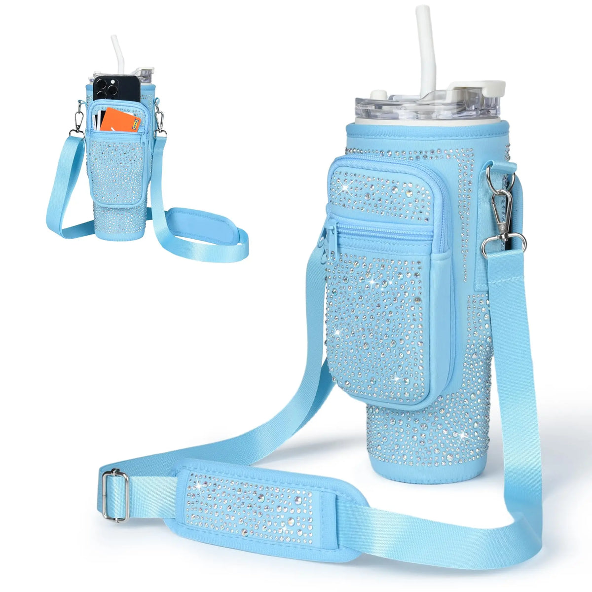 Light blue diamond accent water bottle carrying pouch with a strap