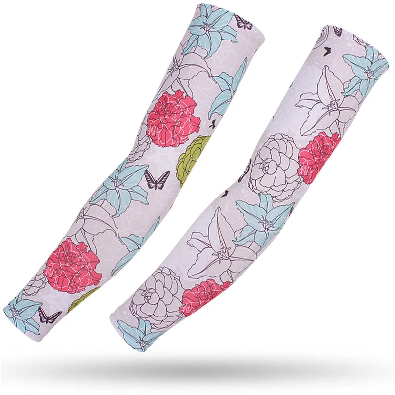 Pair of light pink sports arm sleeves featuring a floral pattern with pink and blue flowers and butterflies.