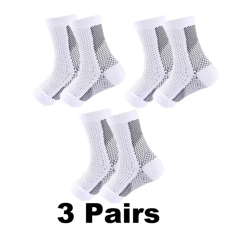Three pairs of white compression ankle support braces shown from above