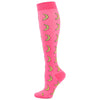 A pair of bright pink medical grade compression socks with yellow curved patterns.