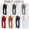 A display of high-waisted flared yoga leggings in various colors including black, gray, maroon, brown, navy blue, and white.
