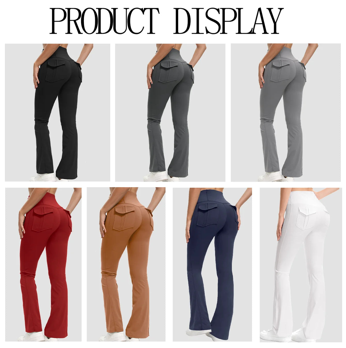 A display of high-waisted flared yoga leggings in various colors including black, gray, maroon, brown, navy blue, and white.