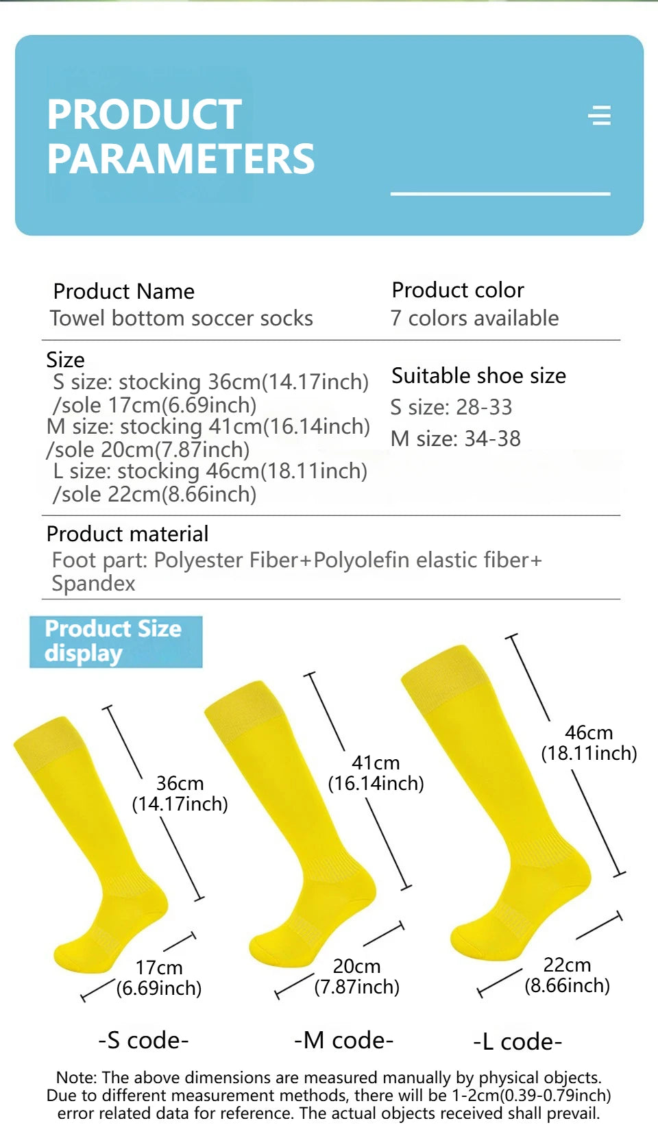 Diagramm mit den Maßen von Handtuch-Fußballsocken in Größen S, M und L.