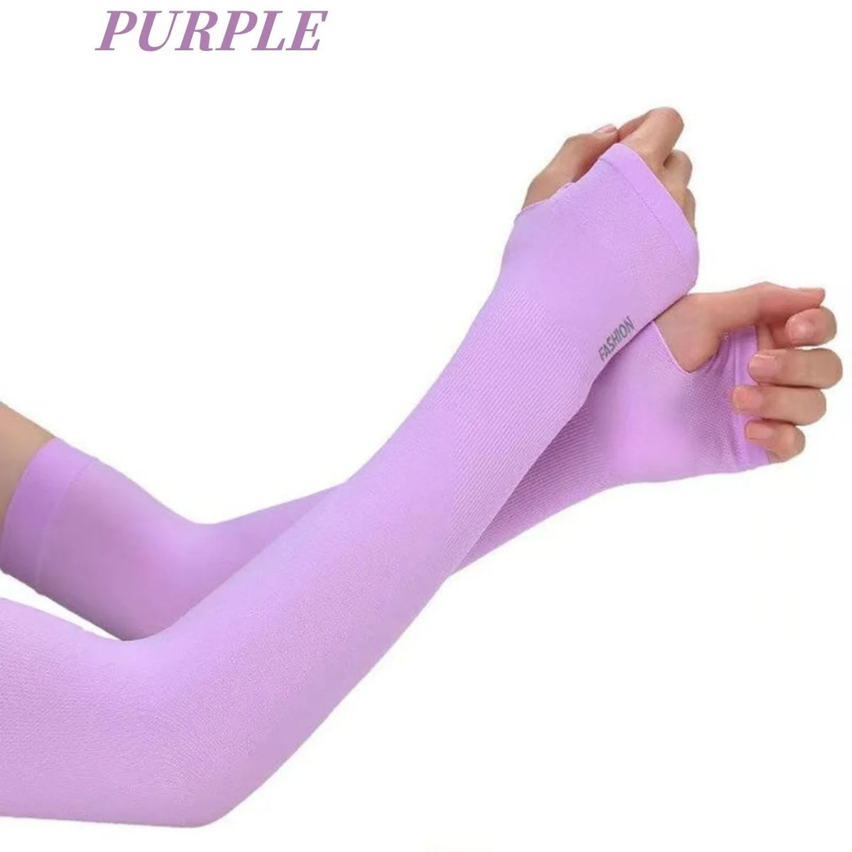 Purple UV protection cooling arm sleeves worn on an arm.
