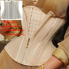 A close-up of a beige double compression corset body shaper made of latex and steel bones.