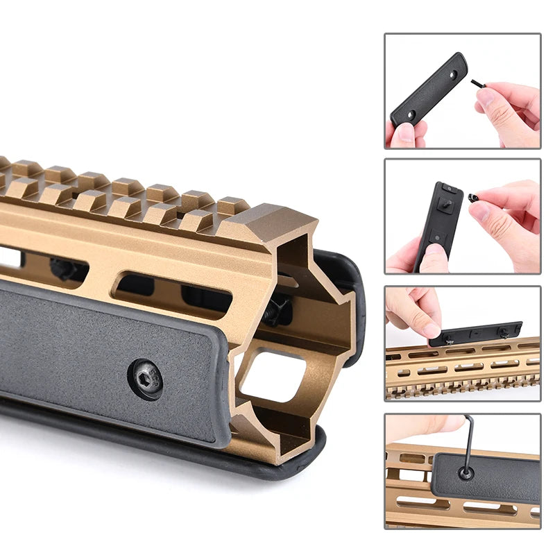 Close-up view of a tactical rail panel kit for airsoft guns showing various components and installation methods.