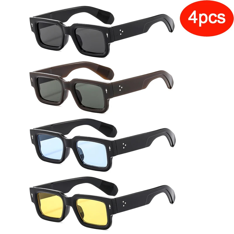 Four pairs of classic square rivet sunglasses shown in various colors and styles.