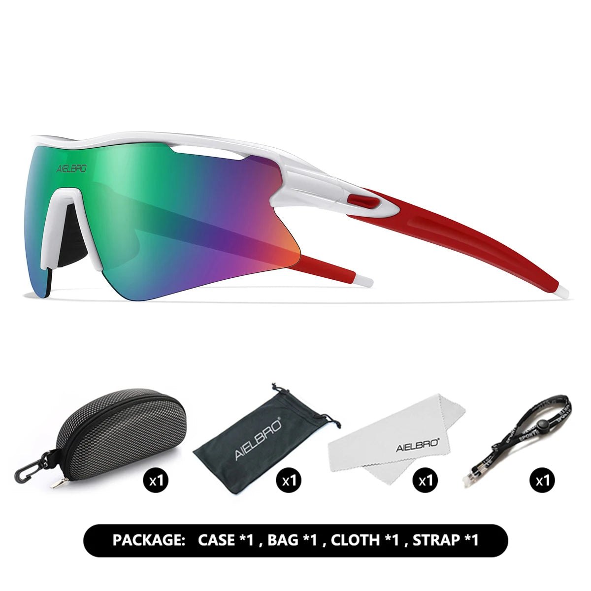 A pair of iridescent sports sunglasses with white frames shown in various packaging components.