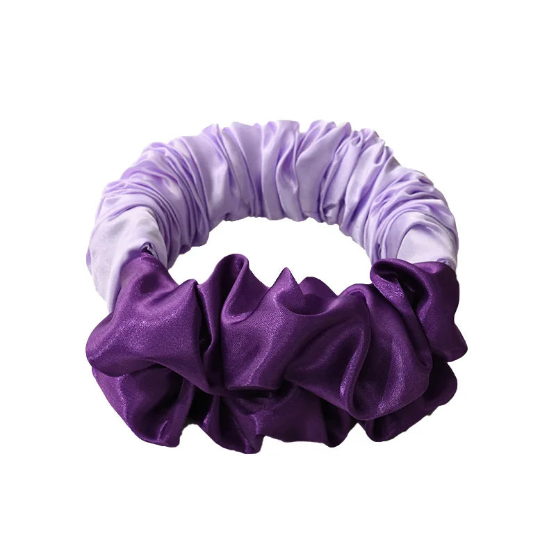 Purple satin heatless curling rod headband with gathered fabric
