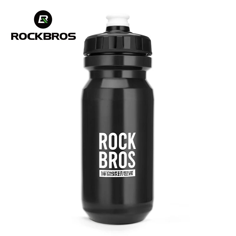 Black sports water bottle with the ROCKBROS logo on the body and a white cap.