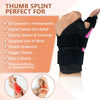 Splint de pouce noir réglable porté sur une main, montrant diverses conditions pour lesquelles il est adapté.